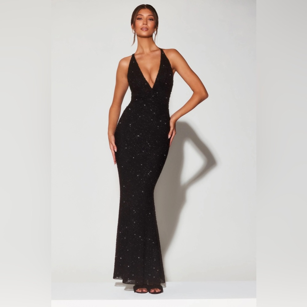 Oh Polly Embellished Plunge Halter Neck Evening Gown in Black